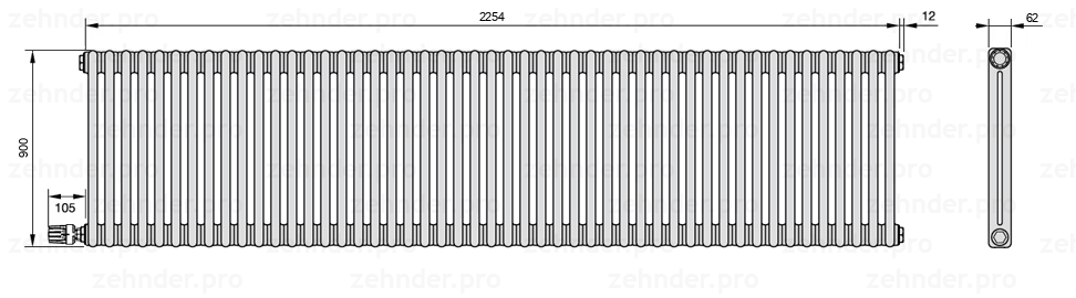 Схема (чертеж) Радиатор Zehnder Charleston 2090/49 №V003 Белый глянцевый RAL 9016
